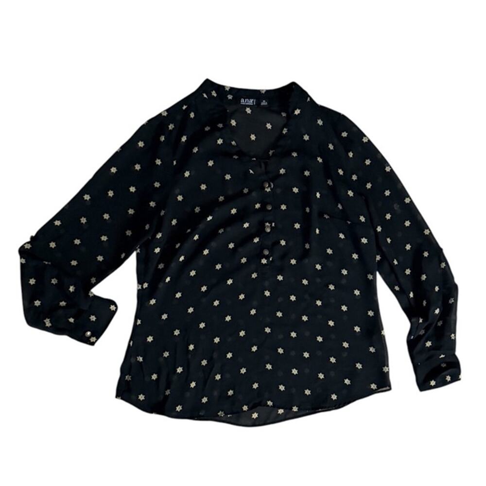 A.N.A Black Sheer Small Petite Blouse Golden Star Print Button-Front Long Sleeve